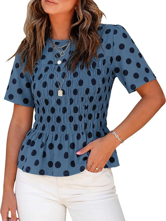 Watashi Women Polka Dot Smocked Peplum Blouse Short Sleeve Summer Tops | Cinch Waist Ruffle Hem C... | Amazon (US)