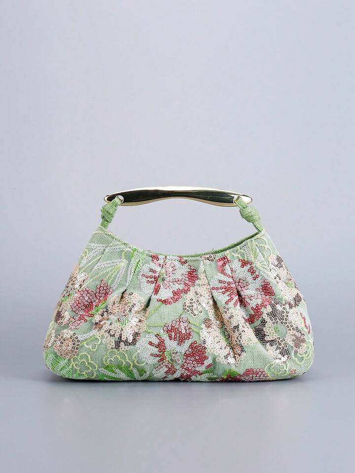 Metal And Hardware Decorative Shiny Sequin Floral Women's Handbag, Niche Design Pleated Bag, Color-Blocking Spliced Sequin Embroidered Floral Dinner Bag. It Is Suitable For Parties, Vacations, Dates, Shopping, Weddings, Gifts, Holidays And Daily Life. (The Position Of The Pattern Is Randomly Cropped.) | SHEIN