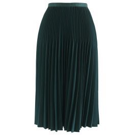 Solid Color Pleated A-Line Midi Skirt in Emerald | Chicwish
