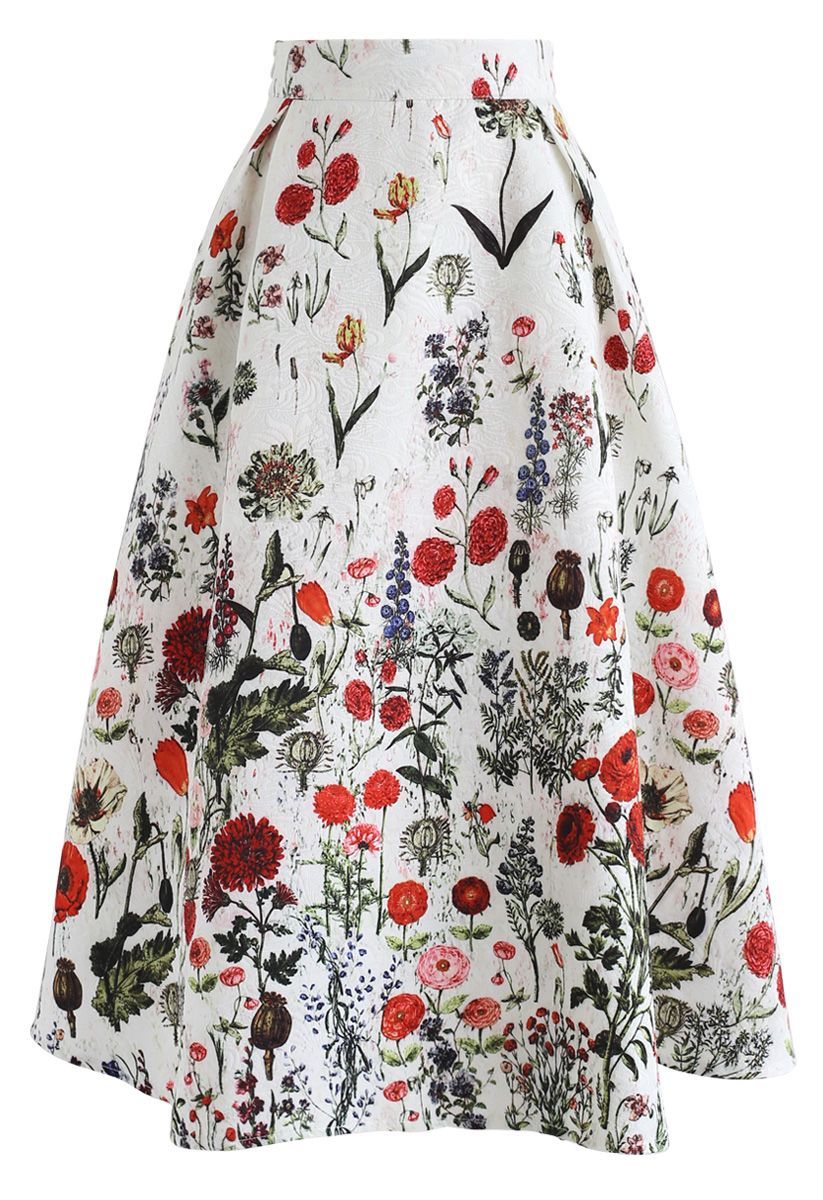 Multi Floral Print Embossed Midi Skirt | Chicwish