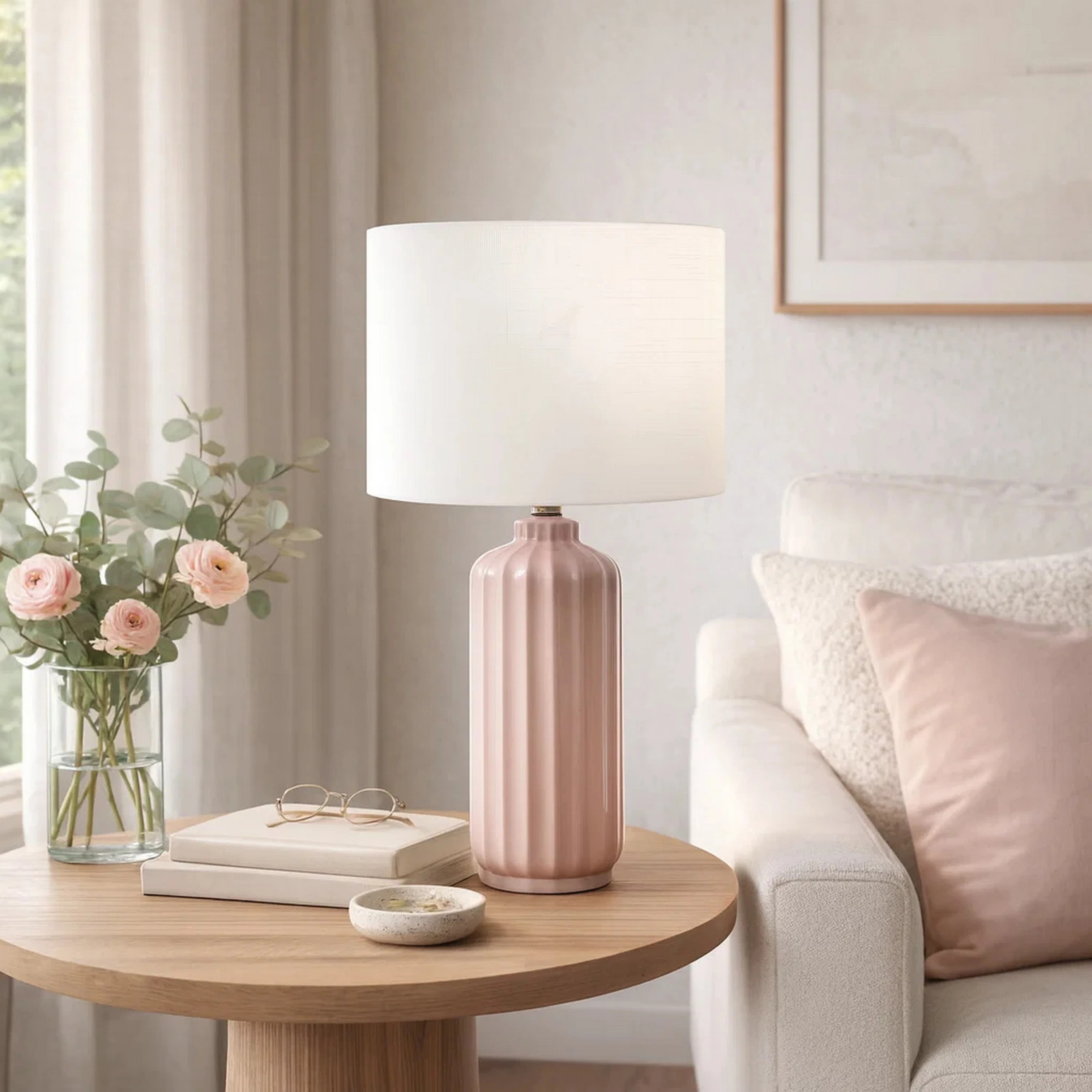 Limy Table Lamp, 23 Inch, Ivory Drum Shade, Ribbed Pink Ceramic Base | Wayfair North America