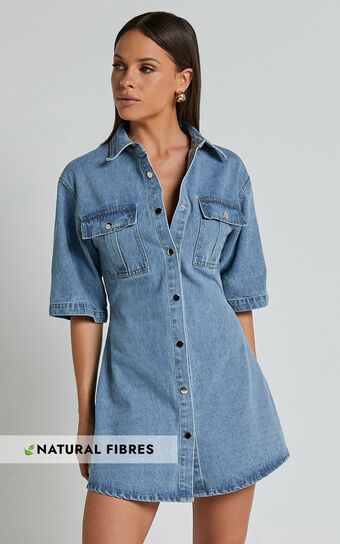 Leilani Mini Dress - Denim Short Sleeve Button Up Dress in Mid Blue | Showpo (US, UK & Europe)