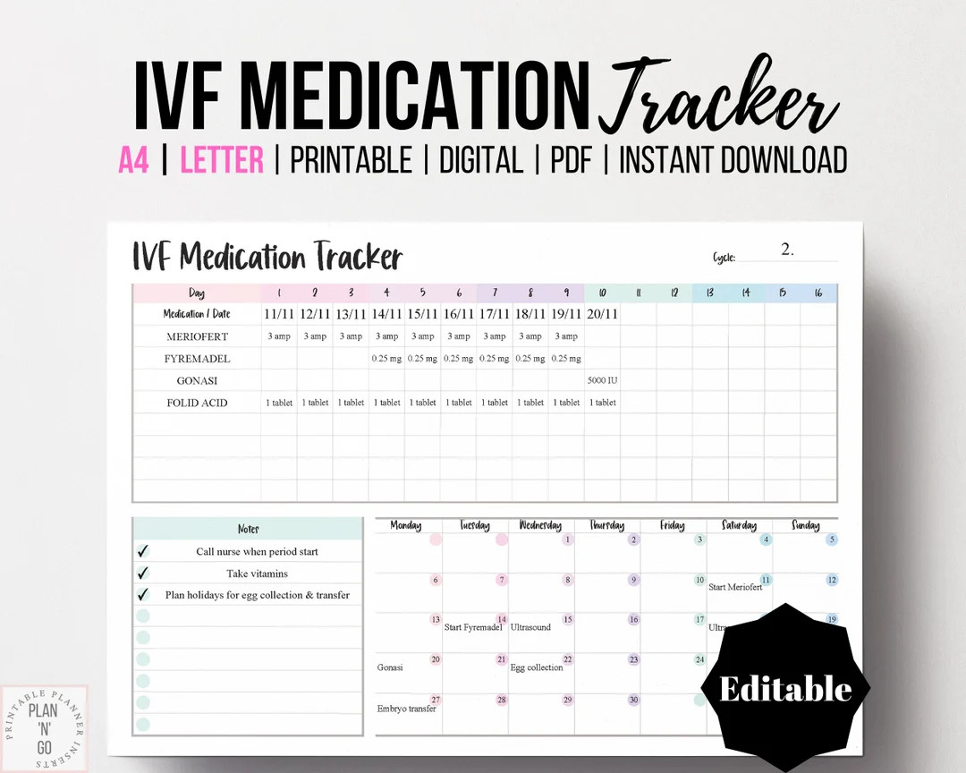 IVF Medication Tracker, Editable Conception Organizer, Sunday Start, IVF Calendar, Printable IVF ... | Etsy (US)