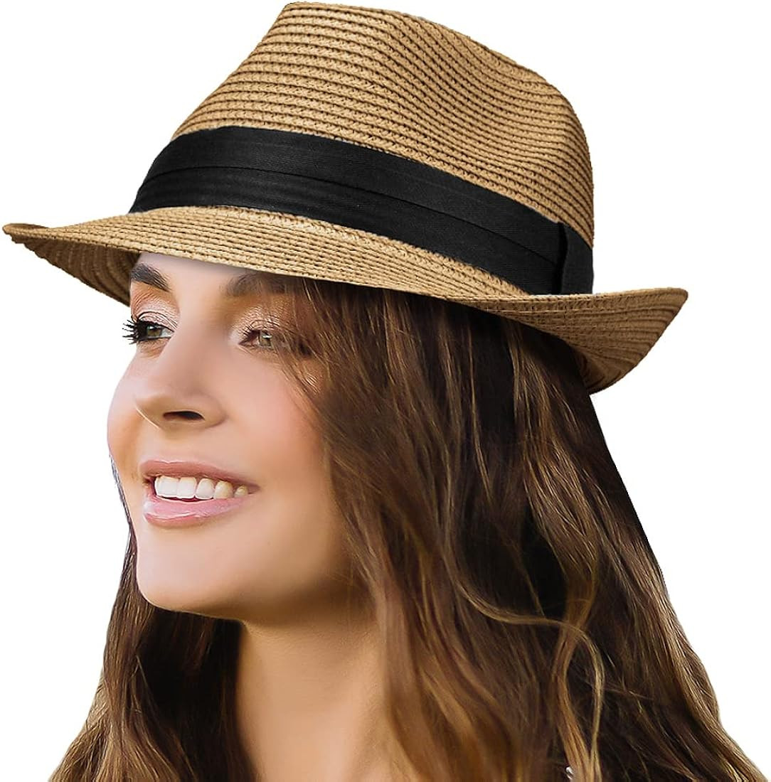 Straw Fedora Hat for Women Men Packable Short Brim Roll Up Trilby Hat Panama Summer Beach Sun Hat... | Amazon (US)