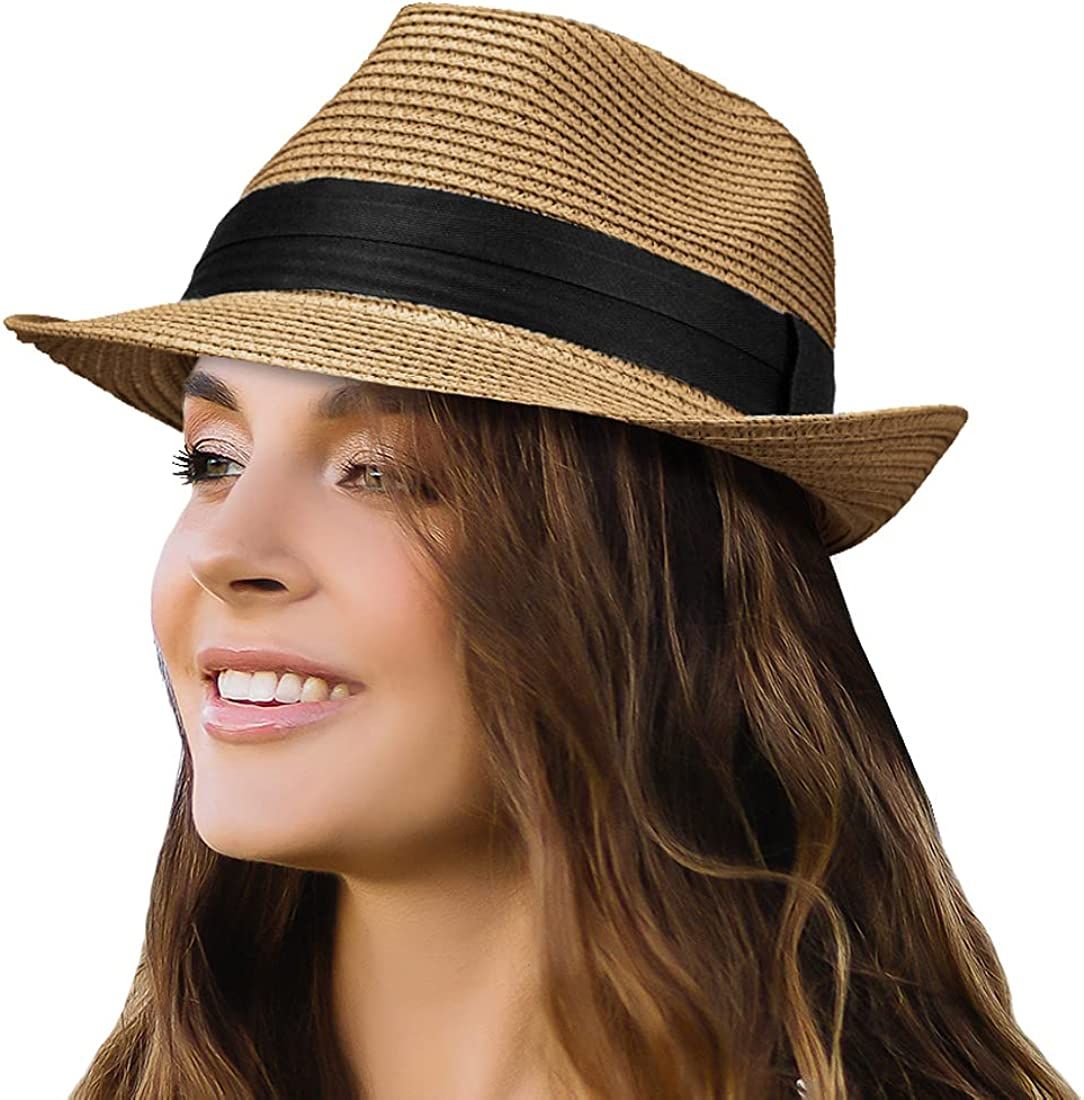 Straw Fedora Hat for Women Men Packable Short Brim Roll Up Trilby Hat Panama Summer Beach Sun Hat... | Amazon (US)