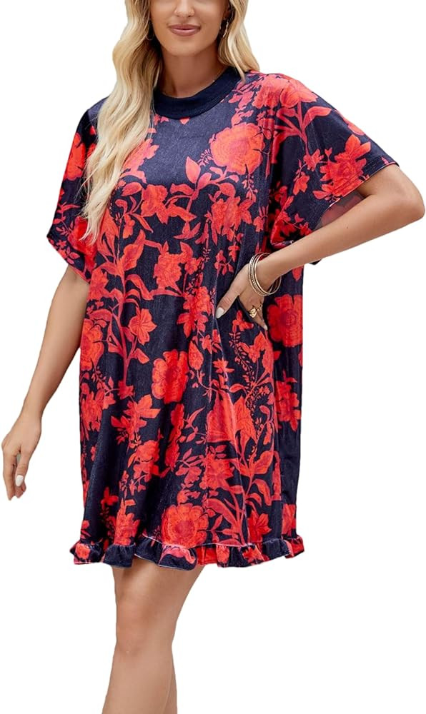 Aimiray Women's Vintage Velvet Dress Floral Printed Short Sleeve Round Neck Mini Flowy Boho Babyd... | Amazon (US)