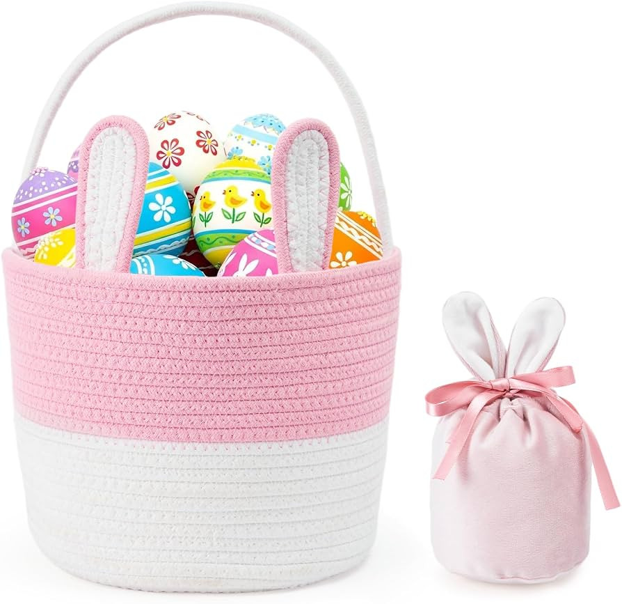 Easter Basket Cotton Rope Easter Bunny Baskets Empty with Handle for Egg Hunt Gifts, Girls Boys F... | Amazon (US)