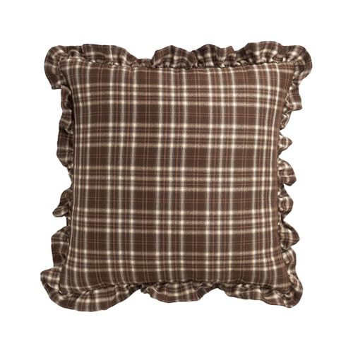 vctops Plaid Ruffle Throw Pillow Cover Farmhouse Brown and White Checkered Pillowcase Shabby Chic Vintage Square Decorative Cushion Cover for Bed Sofa Living Room (Brown,18"x18") | Amazon (US)