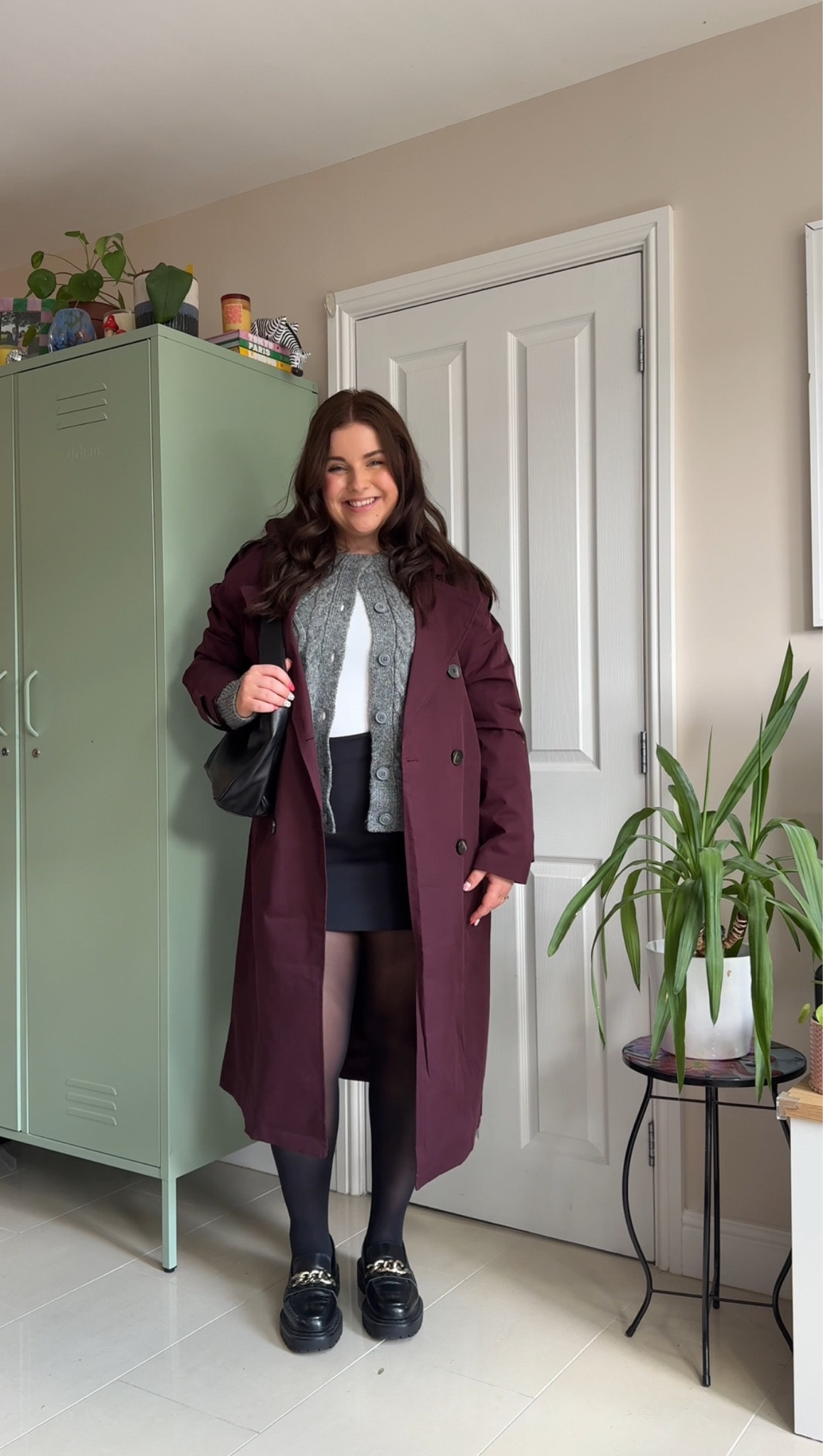 Sizing wise:
I wear an XL in the Pull & Bear trench coat
Size 14 in the grey cardigan
Size L in the white tee
Size L in the black skort (skirt at the back!)

Burgundy trench coat, black skirt, tights outfit, grey cardigan, loafers outfit, autumn outfit, trench coat outfit

#LTKmidsize #LTKautumn