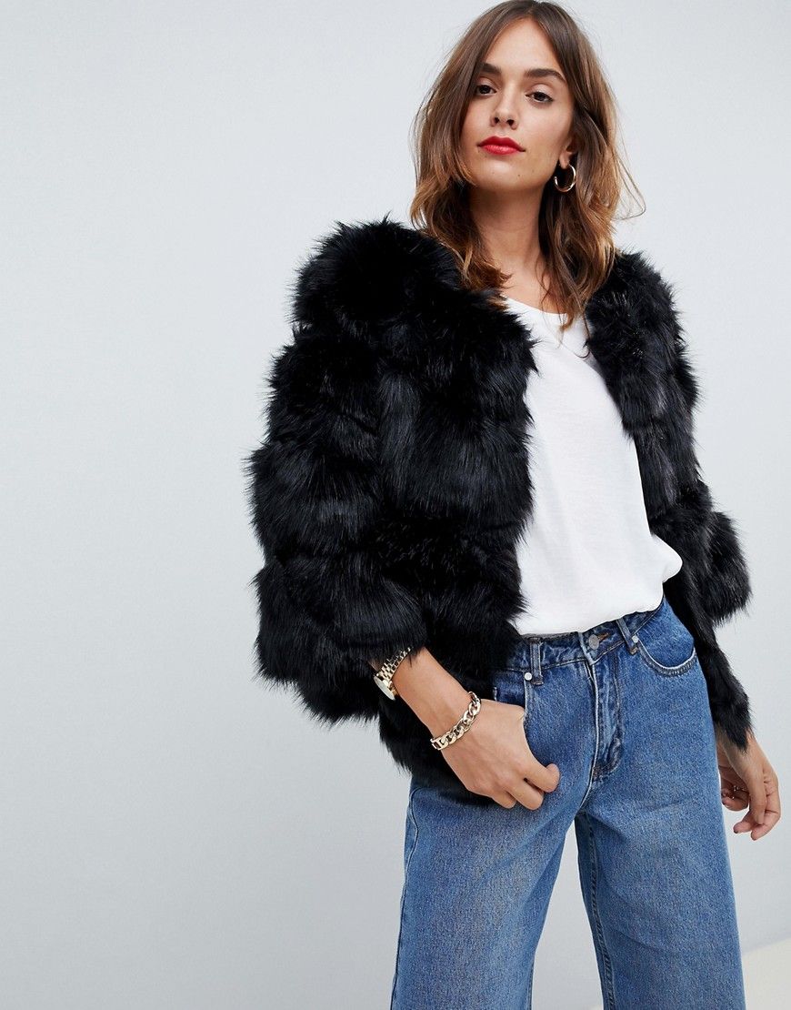 Jayley Luxurious Chevron Stripe Fur Jacket - Black | ASOS US