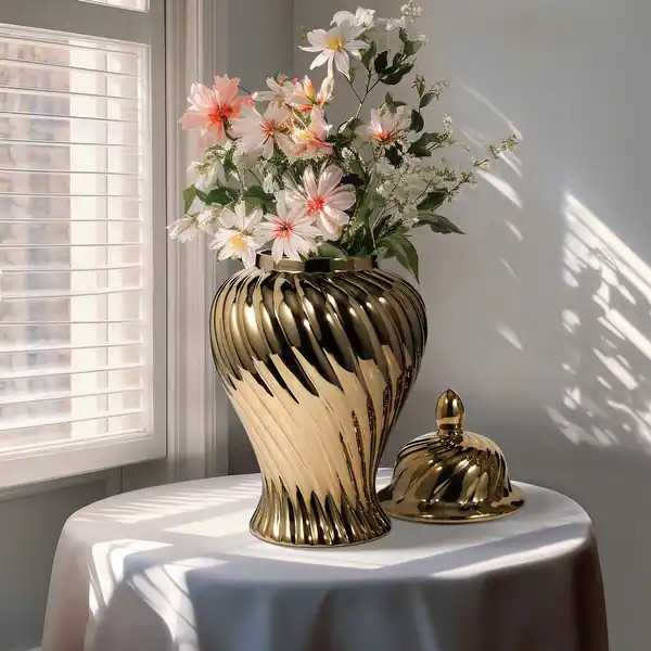 Sagebrook Home Ceramic 20" Swirl Temple Jar, White/Gold, Cylinder, 20"H, Swirl - 11" x 11" x 20" ... | Bed Bath & Beyond