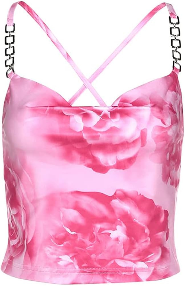 Women Tie Dye Print Crop Tops Y2K Spaghetti Strap Back Crisscross Cropped Tank Cami Vest Top | Amazon (US)