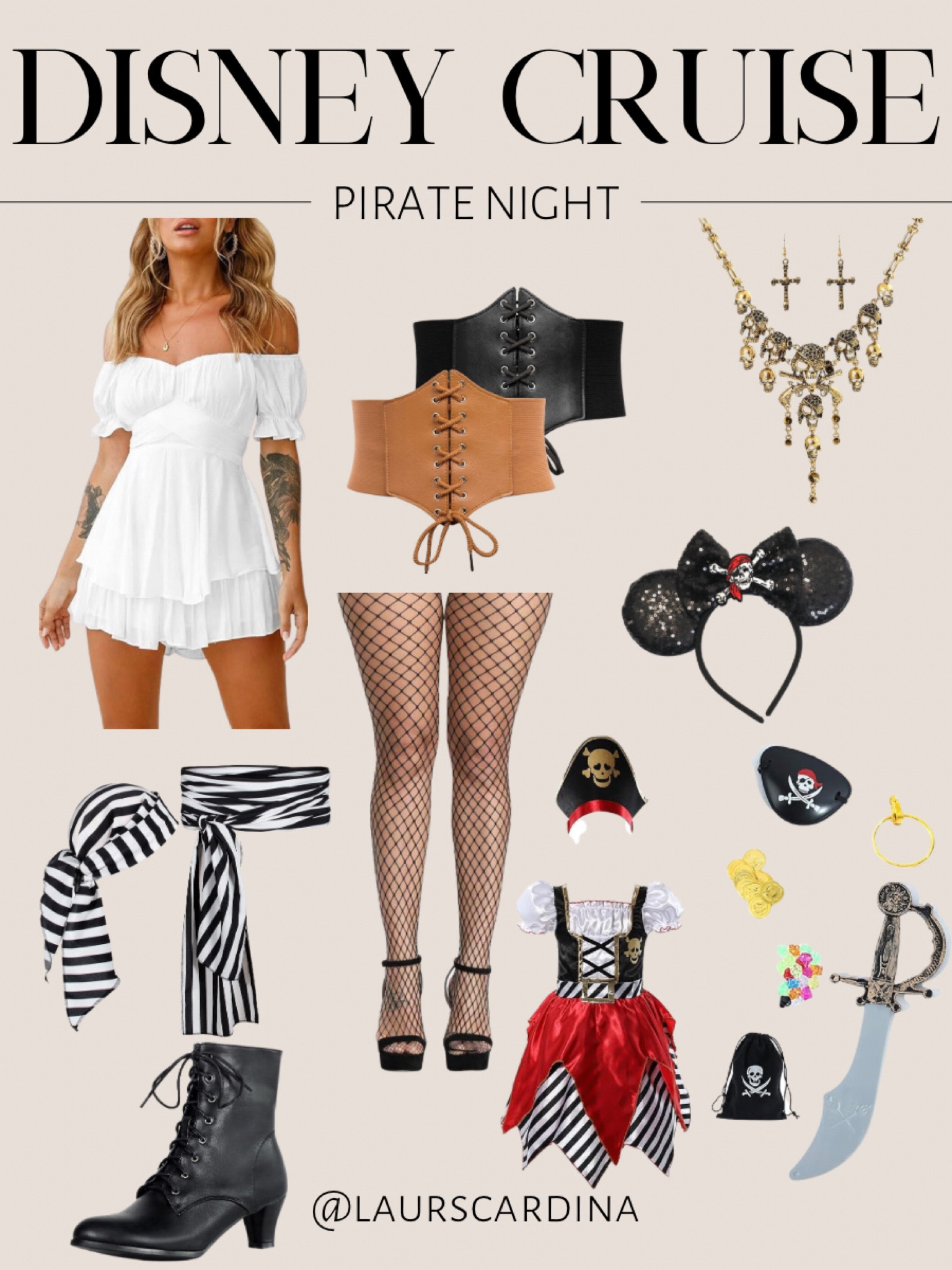 Here’s some inspiration for pirate night on a Disney cruise, including a white dress, striped sash and head scarf, skull necklace, lace up corset, boots, Mickey ears, fishnet stockings, and a coordinating little girl’s costume. 

Disney cruise, theme night, pirate costume m, family costume 

#LTKshoecrush #LTKfindsunder50 #LTKstyletip