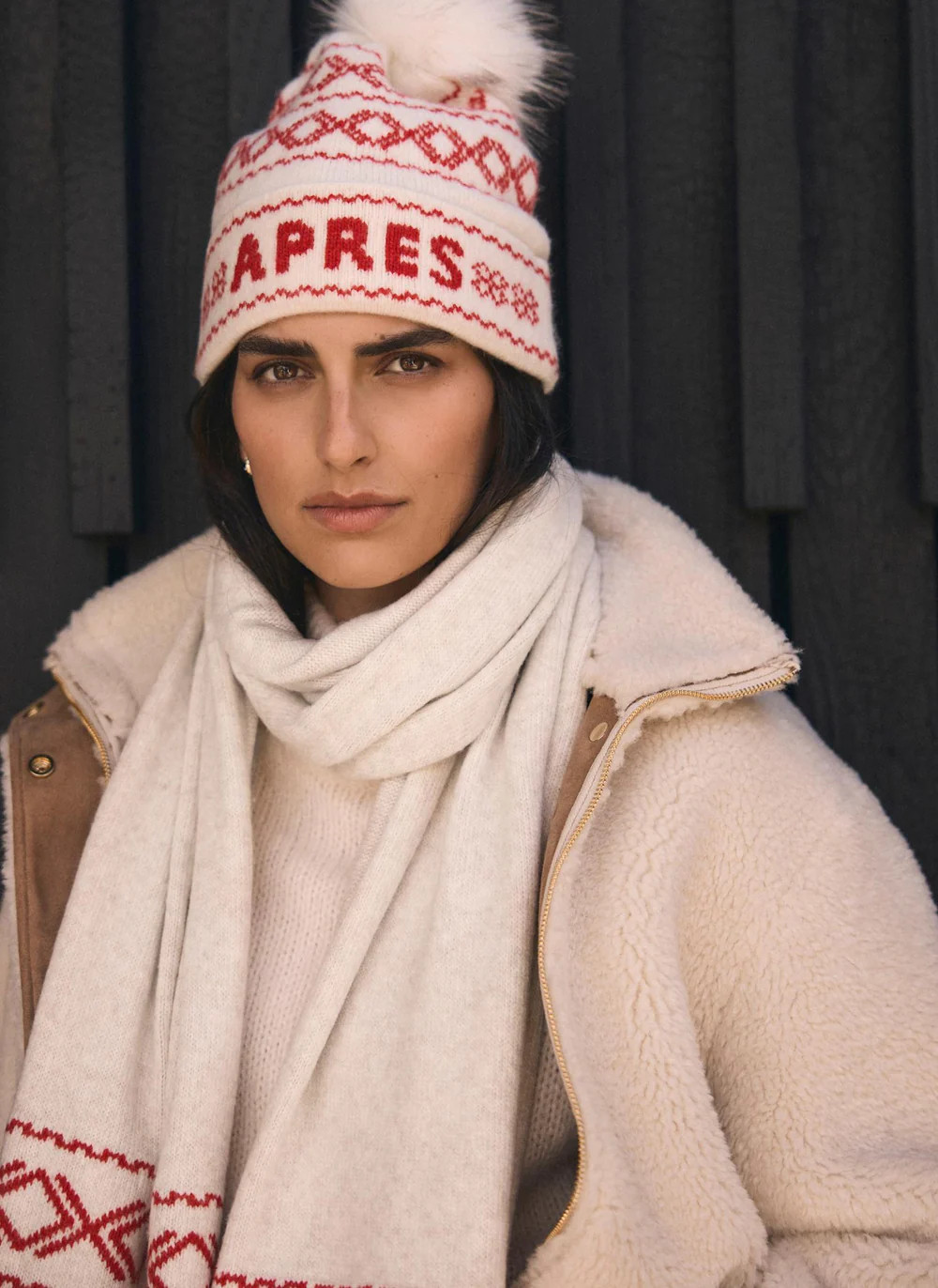 Red Graphic Apres Knit Bobble Hat | Mint Velvet