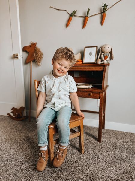 toddler boy easter outfit ideas at old navy!🥕 this shirt is so adorable and pairs perfectly with jeans, khakis, leggings and more! on sale right now too! 💛 his shoes are from @shopdeergrace and code ‘olivia15’ saves you! 

#LTKsalealert #LTKkids #LTKSeasonal