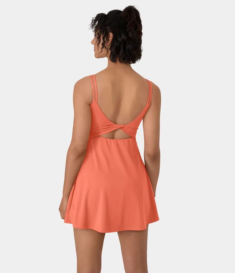 Softlyzero™ Plush Double Straps Backless Twisted 2-Piece Pocket Slip Dance Active Dress-UPF50+ | HALARA