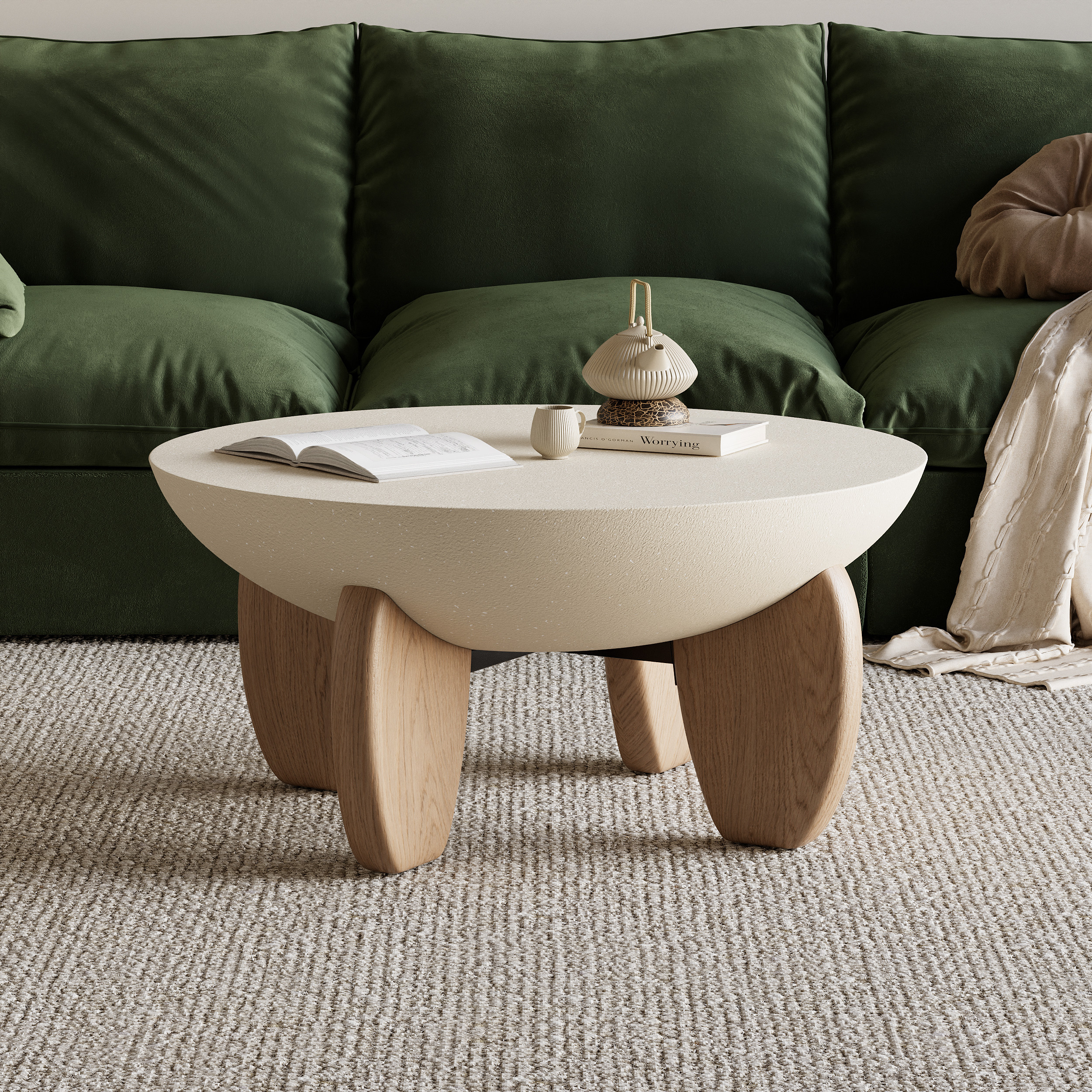 Curva Round Small Modern Beige & Natural Coffee Table Concrete & Wood Accent Table | Homary