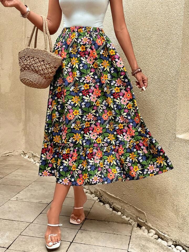 SHEIN LUNE High Waist Floral Print Ruffle Hem Skirt | SHEIN