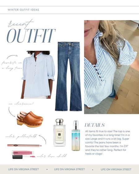 This Tuckernuck top is a splurge but one of my favorite finds in a while! The blue and white stripes, button neckline, and ruffle collar are so cute and so unique! Also loving these long skinny flare jeans and clogs for winter. Lip color is Love Child.
.
#ltkover40 #ltksalealert #ltkbeauty #ltkshoecrush #ltkfindsunder50 #ltkfindsunder100 #ltkstyletip #ltkworkwear #ltkseasonal #ltkmidsize

#LTKSeasonal #LTKmidsize #LTKover40