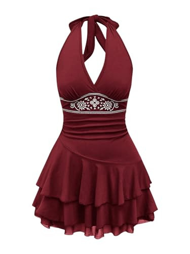 RoseSeek Women's Halter Cowgirl Vintage Mini Dress Embroidery Tie Back Sleeveless Ruched Tiered Layer A Line Dresses Burgundy Large | Amazon (US)