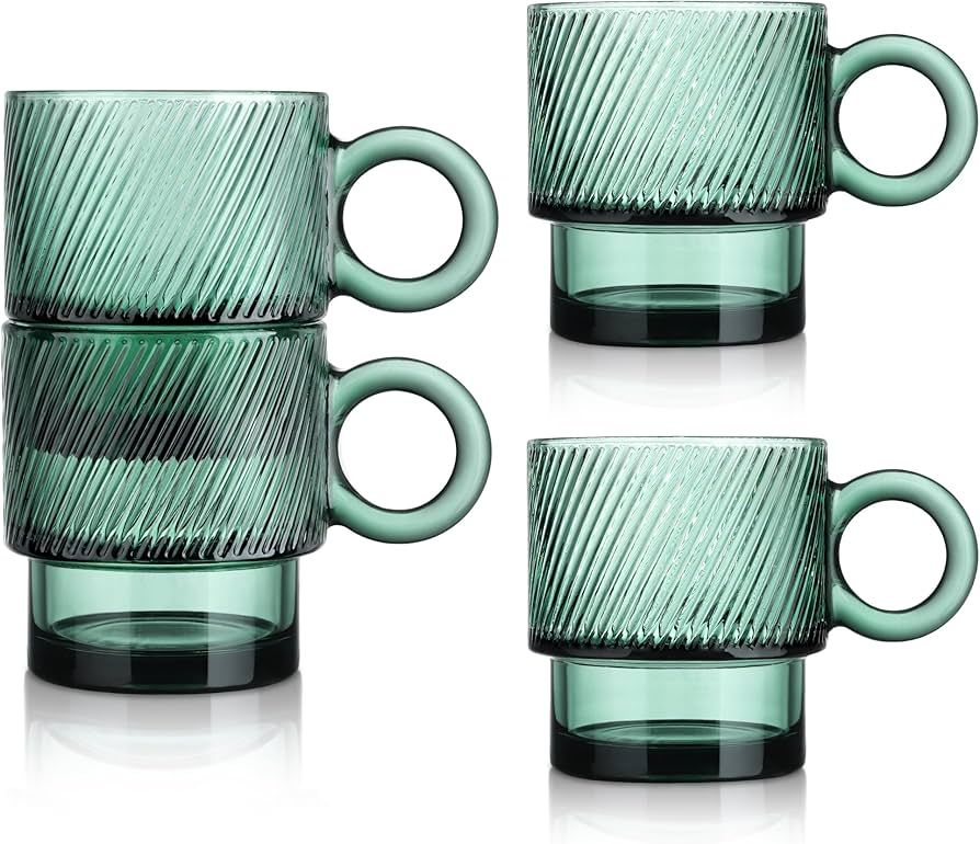 Joeyan Green Glass Coffee Mugs with Handle,Stackable Glass Coffee Cups with Striped Design,Drinki... | Amazon (US)