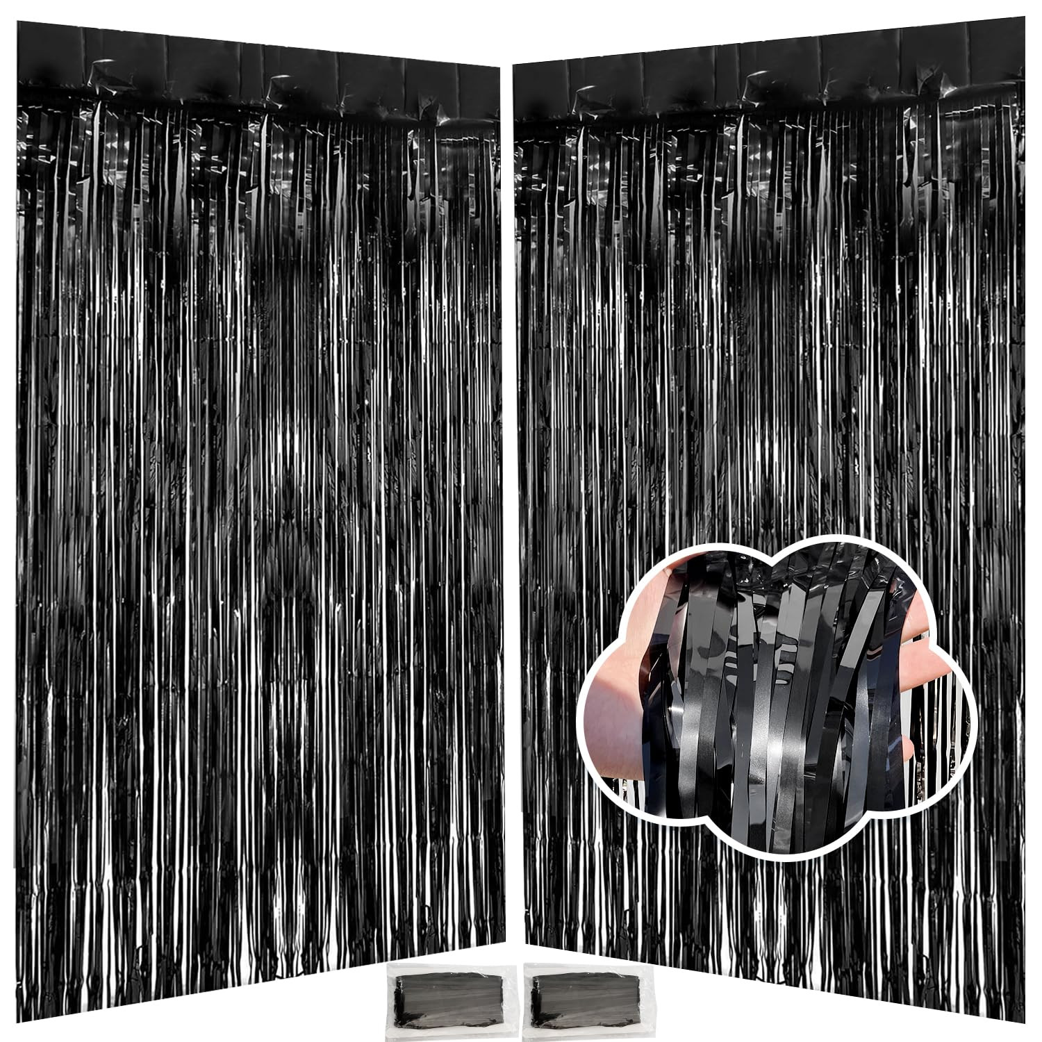 Black Tinsel Foil Fringe Curtains 3.3 x 8.2 ft, Black Fringe Backdrop for Streamers Party Decorat... | Amazon (US)
