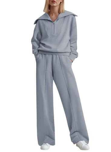 Aleumdr Womens 2 Piece Outfits Sweatsuits Fleece Lounge Set Quarter Sweatshirt Matching Set Oversized Pullover Wide Leg Sweatpant Tracksuits 2025 Fall Casual Travel Clothing Set Blue | Amazon (US)