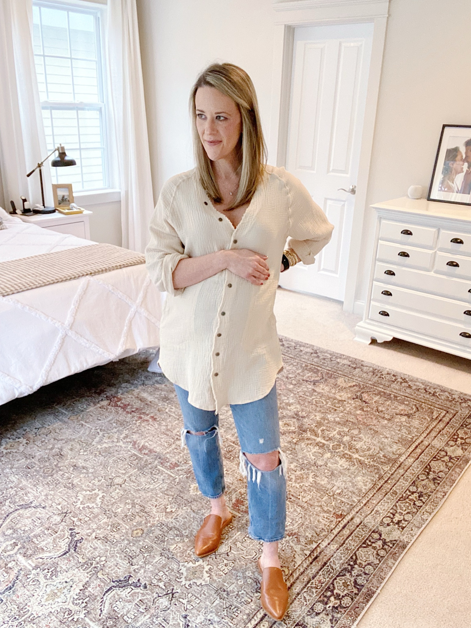 I have accumulated several pairs of maternity jeans over the last 3 pregnancies. None compare to these from Abercrombie. They stay up so well and come in short, regular and long to make sure they’re the perfect length. 

I am wearing my pre pregnancy size (25r). I am 5’4” for reference. 

Maternity Jeans | Abercrombie Maternity Jeans | Bump Style | Summer Maternity Outfit | Summer Mules | Maternity Style 

#LTKxAF #LTKFindsUnder100 #LTKBump