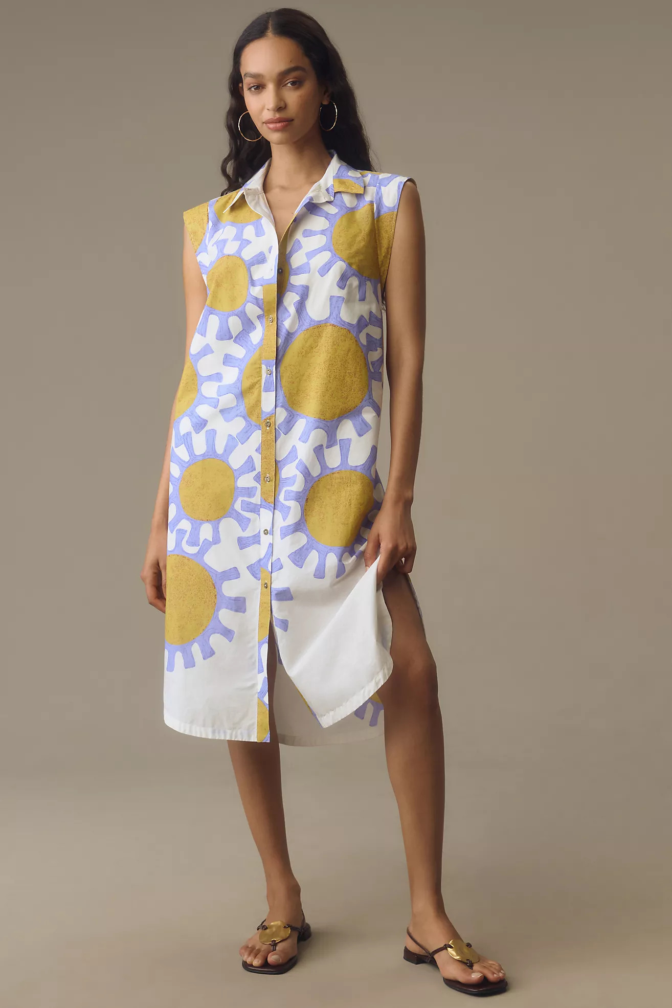 Maeve Cap-Sleeve Floral Button-Front Midi Dress | Anthropologie (US)