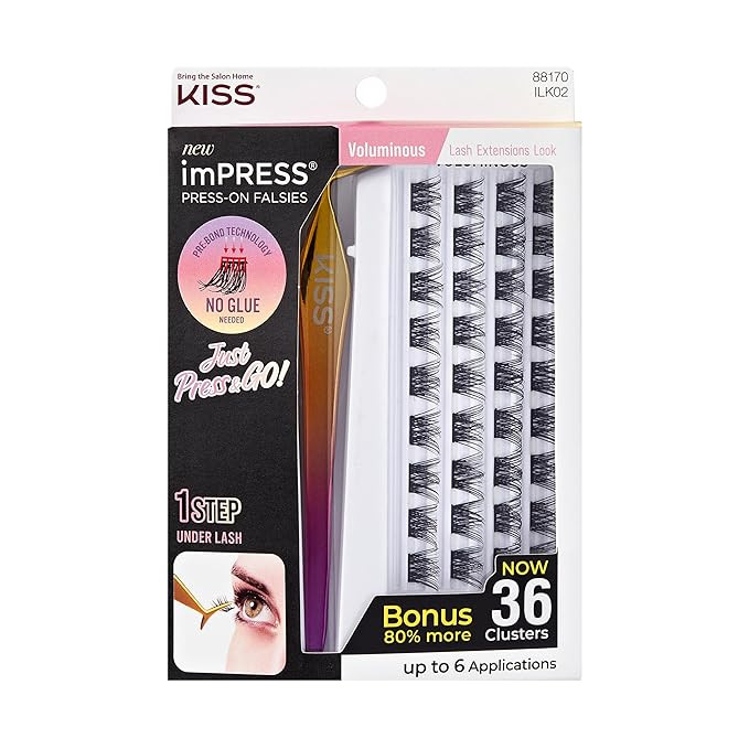 KISS imPRESS Falsies Self Adhesive Eyelashes, Press On Lashes, 12mm-14mm Glam Volume Lashes, Blac... | Amazon (US)