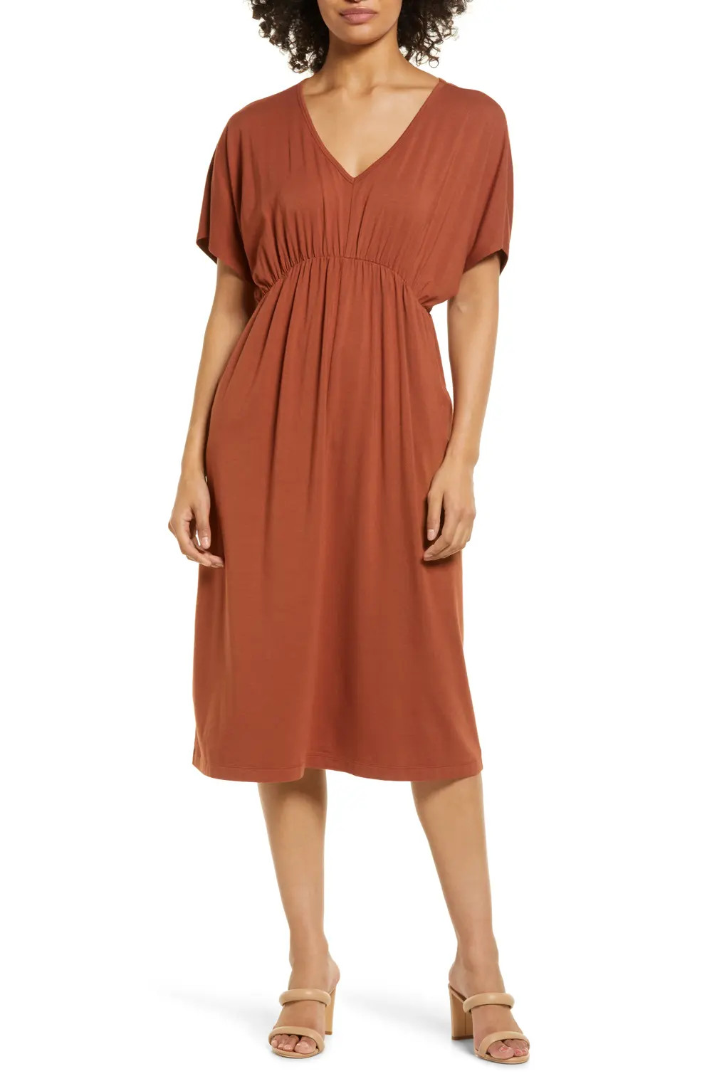 Nordstrom Gathered Waist Midi Dress, Size X-Large in Rust Sequoia at Nordstrom | Nordstrom Canada