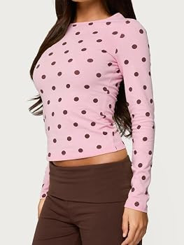 Seyumixi Polka Dot Tops for Women Y2K Long Sleeve Crop Top Vintage Cute Slim Fit Crew Neck Shirt ... | Amazon (US)