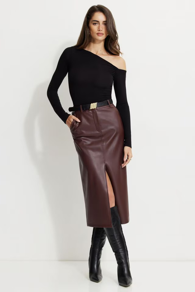 Danbi Faux Leather Midi Skirt | Dynamite Clothing