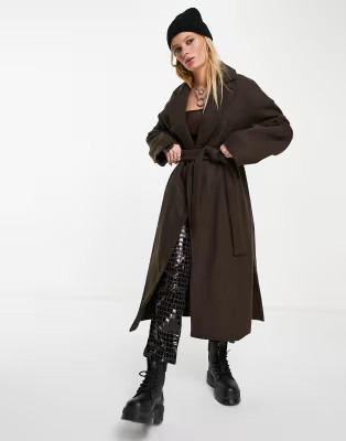 Bershka maxi belted coat in chocolate brown | ASOS | ASOS (Global)