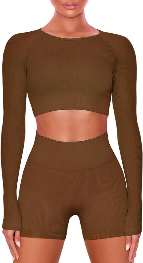 Buttergene Women Workout Sets 2 Pieces Long Sleeve Yoga Outfits Gym Clothes Seamless Ribbed Crop ... | Amazon (US)