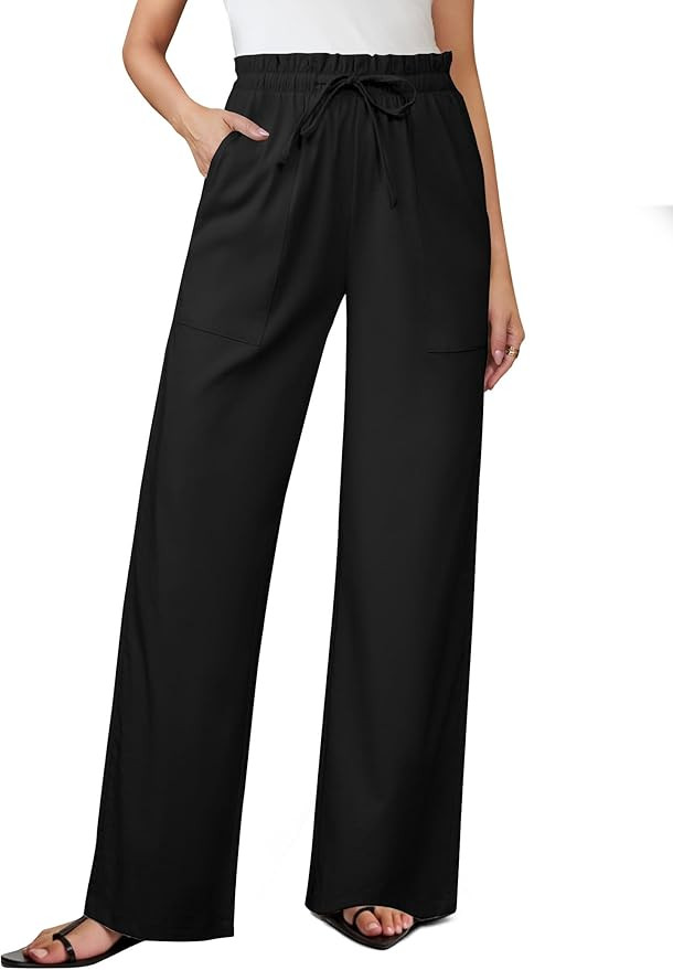 Womens Linen Wide Leg Pants, High Waisted Flowy Palazzo with Pockets Summer Drawstring Trousers B... | Amazon (US)