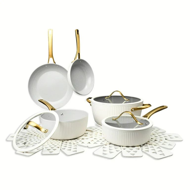 Thyme & Table 12-Piece Ceramic Non-Stick Ribbed Cookware Set, White & Gold | Walmart (US)