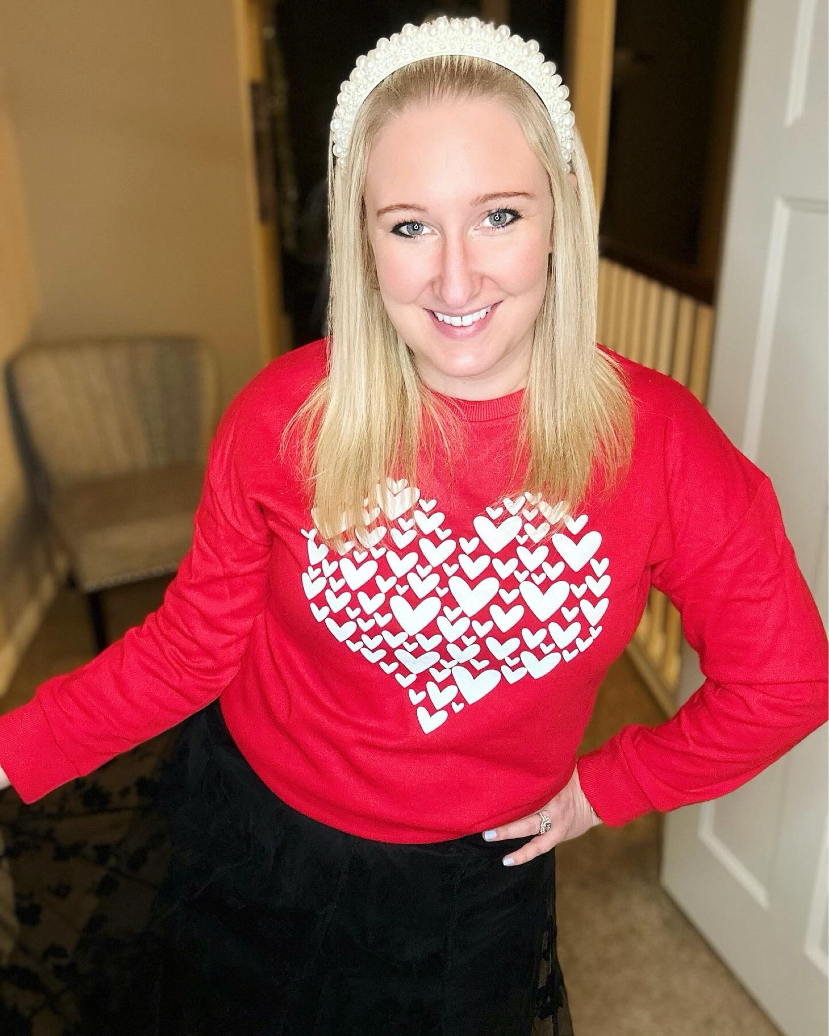 Another Valentine's Day outfit idea! I love this light crew neck sweatshirt and it goes perfectly with this pearl headband and one of my favorite skirts! 🩷

#LTKstyletip #LTKfindsunder50 #LTKSeasonal