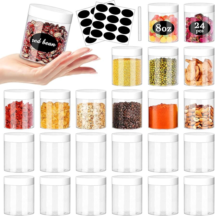 Plastic Jars 8oz Clear Plastic Slime Jars 24Pcs Empty Round Food Jars with White Lids Stackable R... | Amazon (US)
