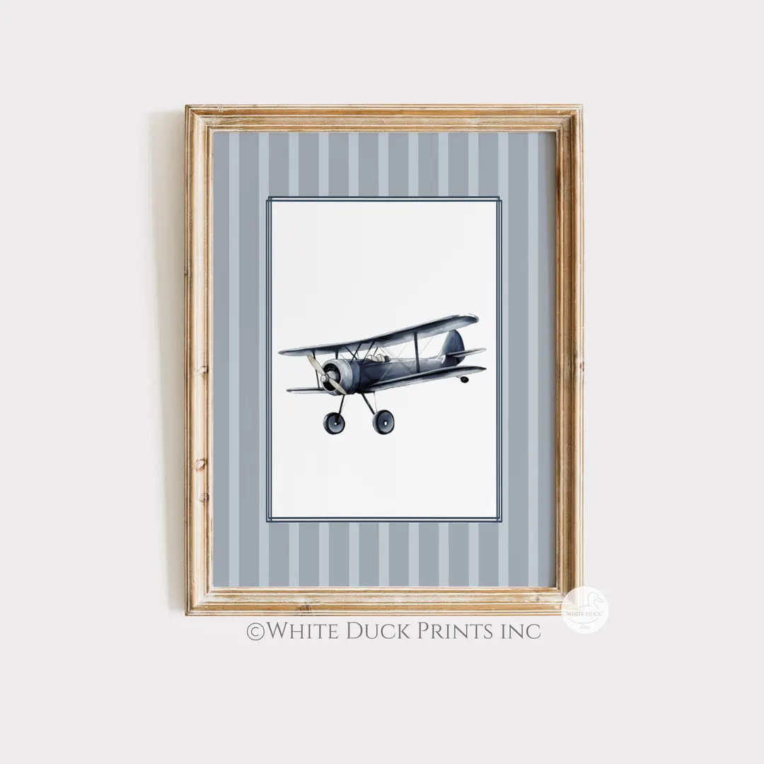 Navy Airplane Nursery Wall Art Vintage Biplane Print Boy Room Vintage Wall Art Blue Nursery Decor... | Etsy (US)