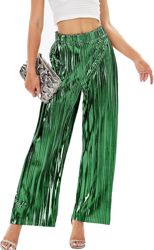 heipeiwa Women's Shiny Pleated Wide Leg Pants Party Nightout High Waist Trouser Folded Lightweigh... | Amazon (US)