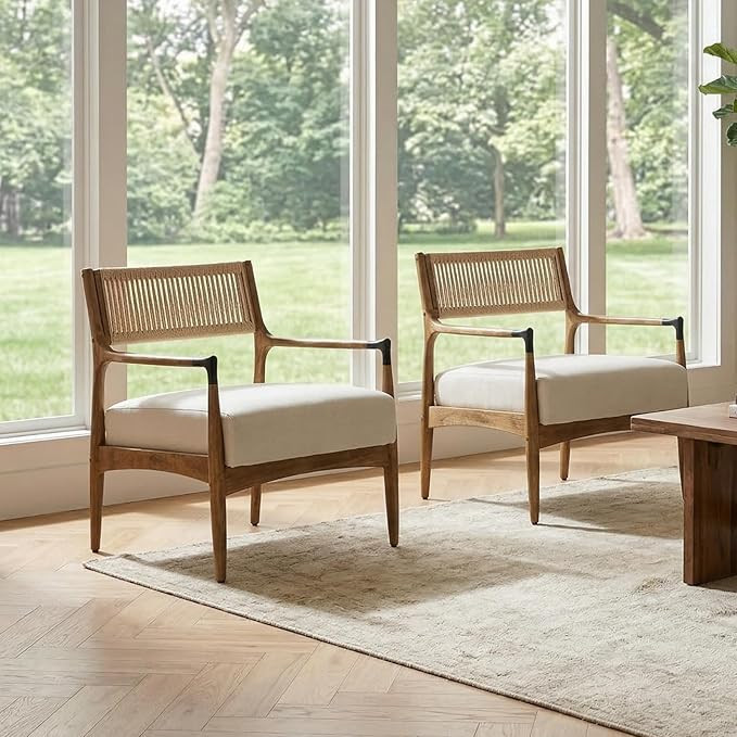 Ya-Home Mid-Century Modern Accent Chairs with Woven Rope Back, Upholstered Linen Fabric Armchairs... | Amazon (US)