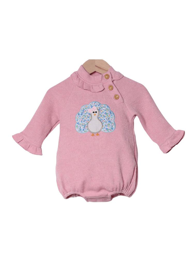 Applique Floral Turkey Pink Cardigan Ruffle Bubble | The Smocked Flamingo