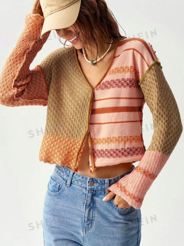 Bohemela Women's V-Neck Colorblock Button Front Long Sleeve Cardigan Sweater For Vacation | SHEIN