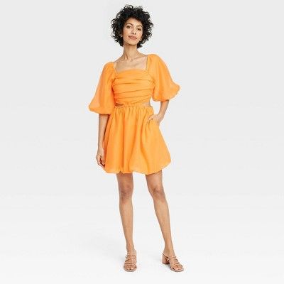Women's Puff Short Sleeve Cut Out Bubble A-Line Dress - A New Day™ Orange | Target