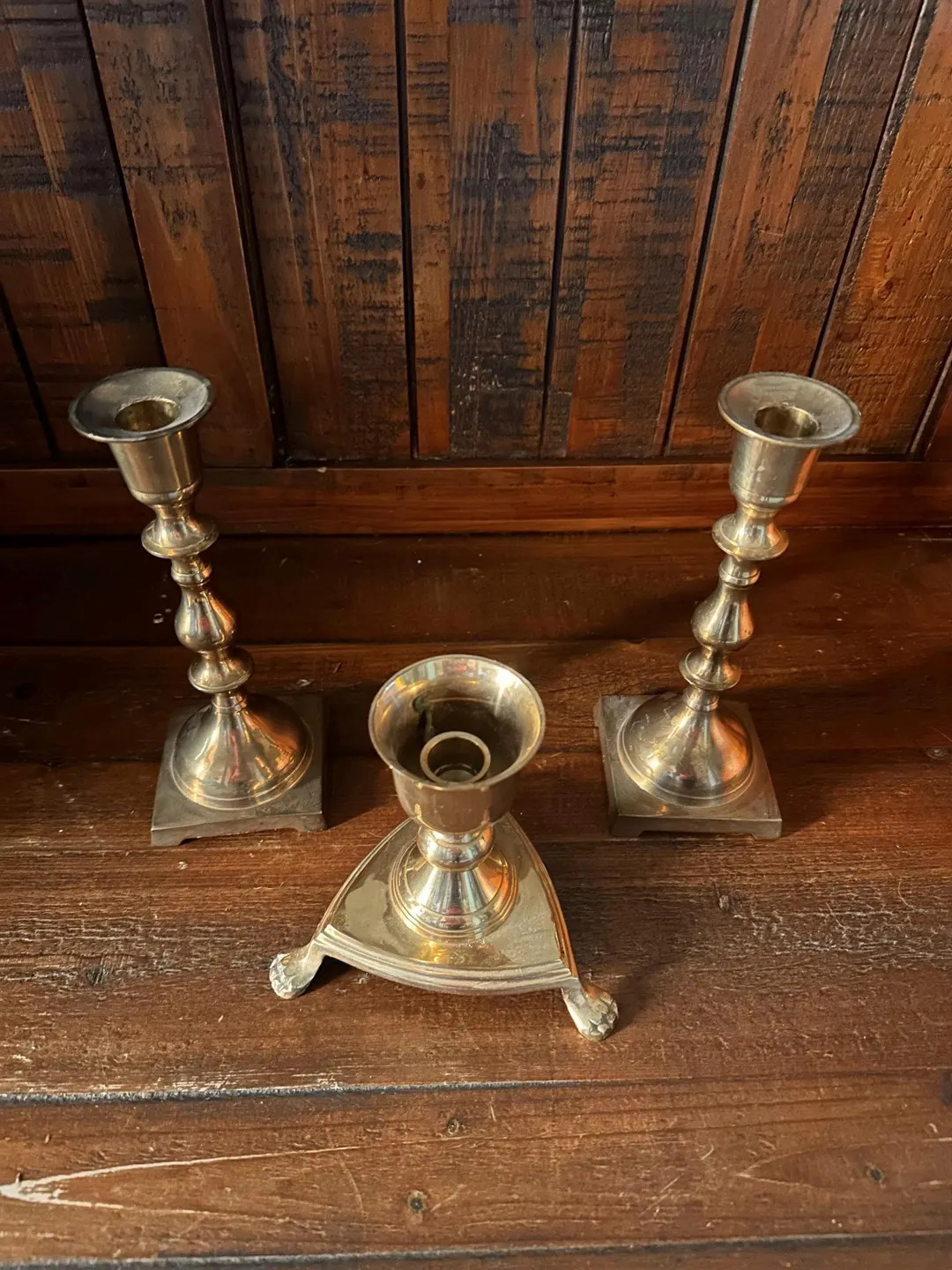 Set of Three Vintage Brass Candlestick Holders Clawfoot and Matching - Etsy | Etsy (US)