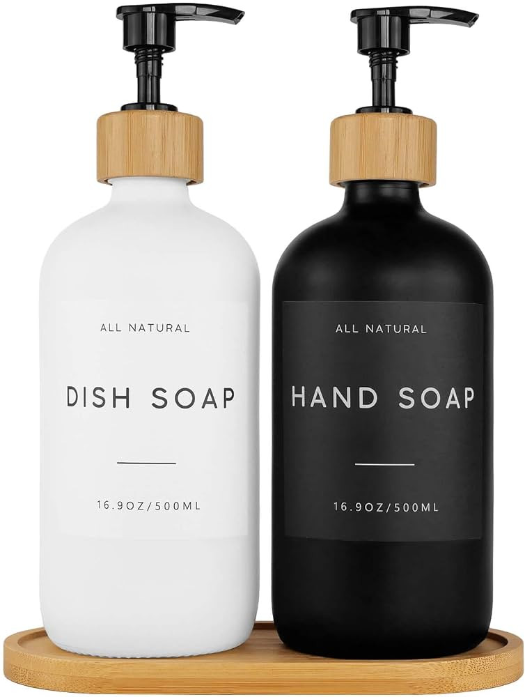 Farmhouse Thick Glass Hand Soap Dispenser with Bamboo Tray and Pumps, Waterproof Labels, Bathroom... | Amazon (US)