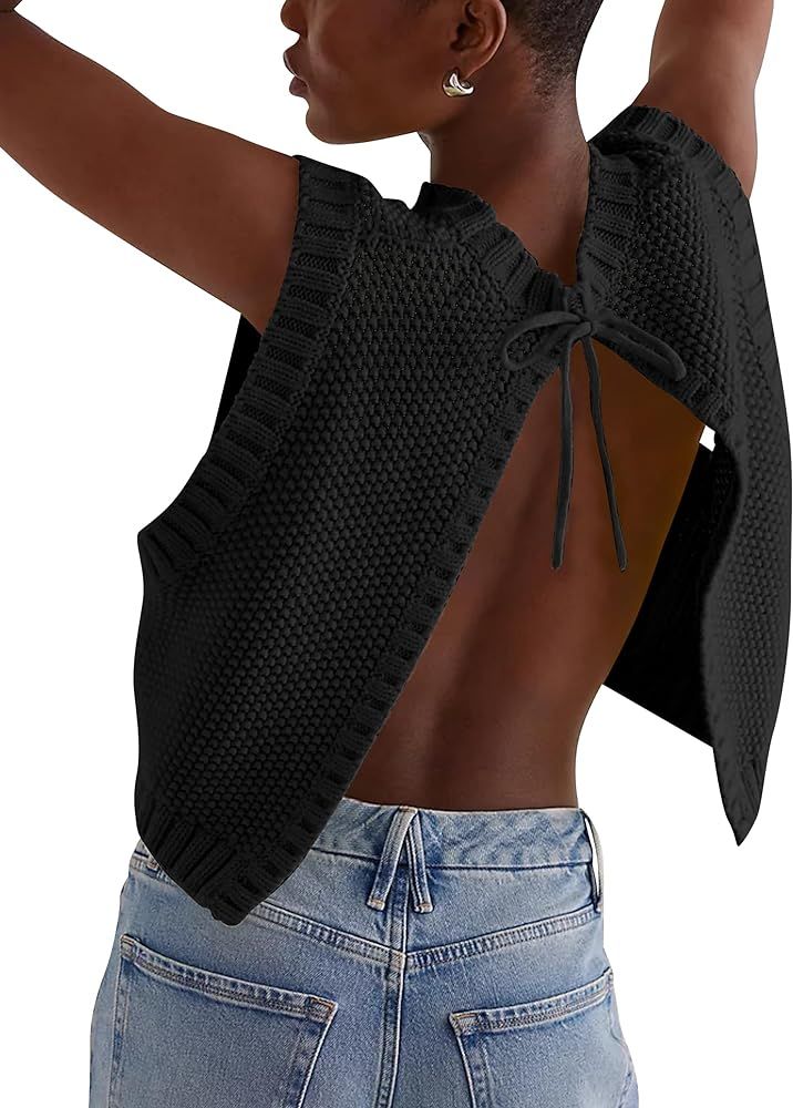 Women’s Open Back Knit Cropped Sweater Vest Backless Bow Tie Sleeveless Tank Tops Cute Y2k Pull... | Amazon (US)