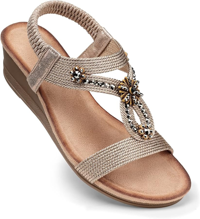 SHIBEVER Womens Wedge Sandals Flower Low Heel Dressy Sandals Elastic Ankle Strap Rhinestone Summe... | Amazon (US)
