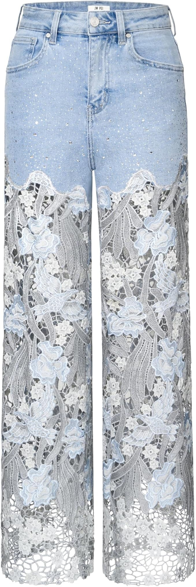 JW PEI Women's Embroidery High Rise Wide Leg Lace Denim Jeans with Rhinestone | Amazon (US)